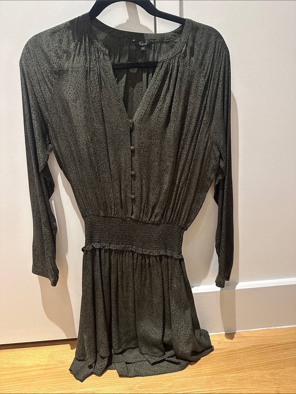 Rails Olive Green Long Sleeve Smocked Waist Button-Front Dress